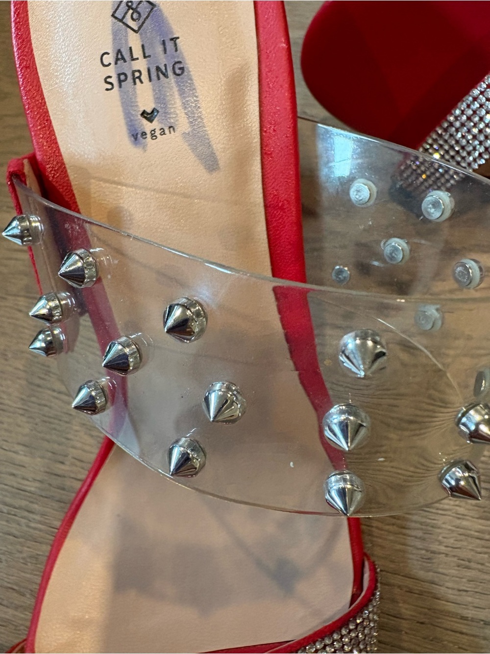 Call It Spring Red Rhinestone Block Heel Mules with Clear Studded Strap - Picture 12 of 15